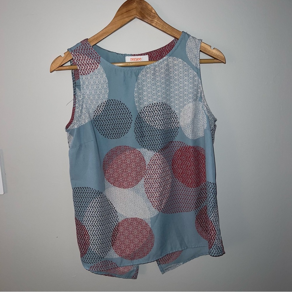 Iight blue dress tank top with white, red and brown details